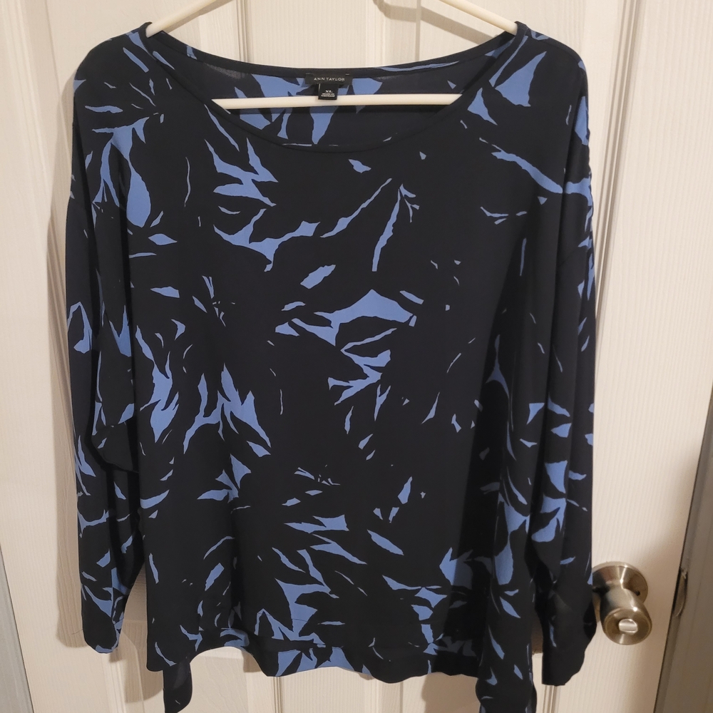 Ann Taylor Black and Periwinkle Blue Long Sleeve Printed Top